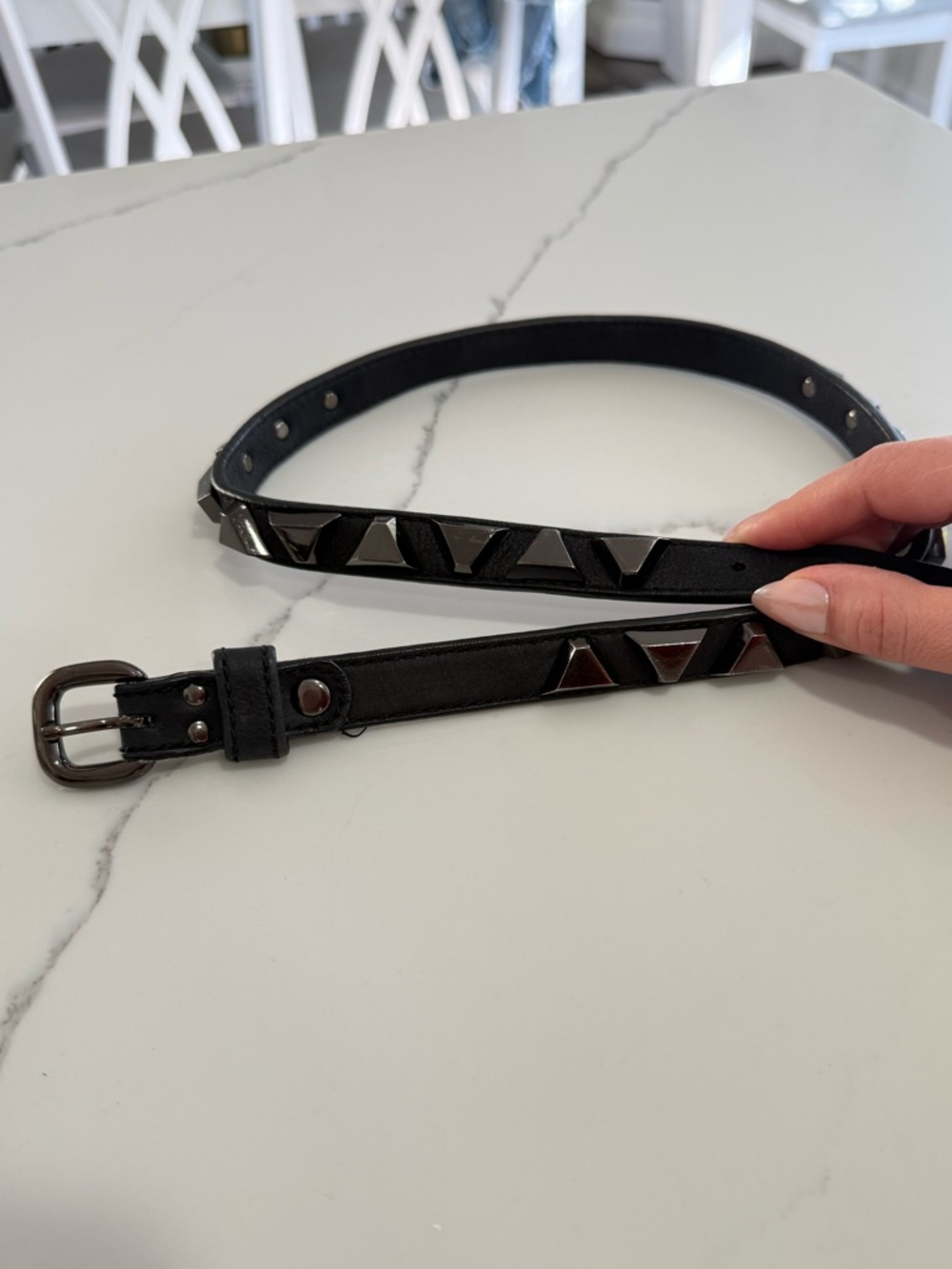 Guess by Marciano thin Black Leather Studded Belt with Gunmetal Pyramid Accents